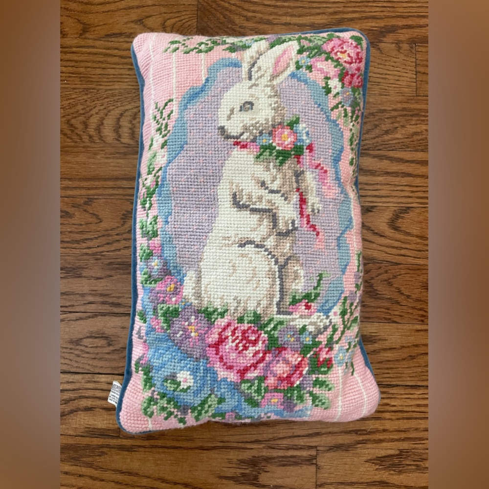 Vintage Needlepoint Bunny Pillow- Velvet Backed